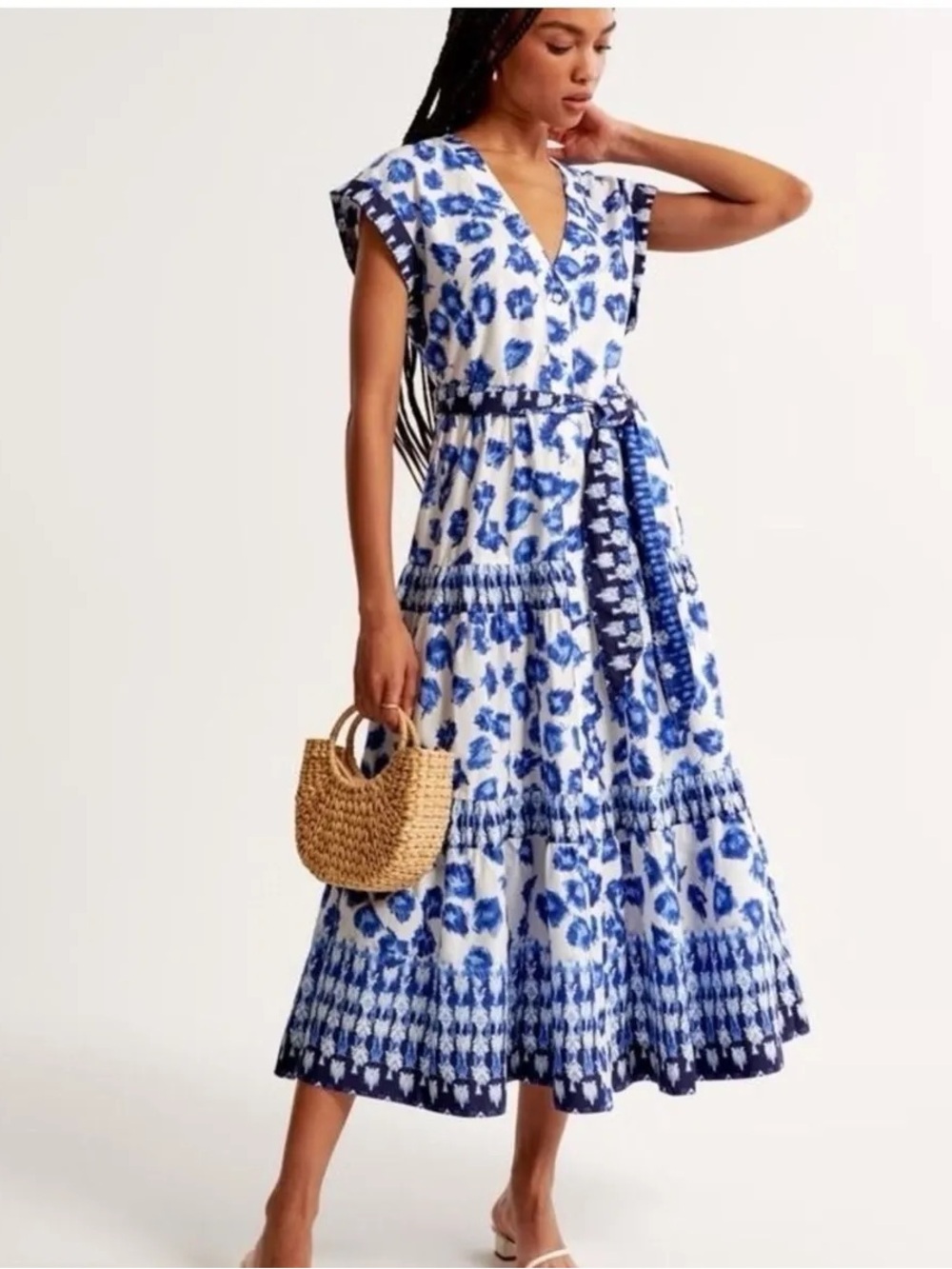 Abercrombie & Fitch Blue Floral V-Neck Tiered Maxi Dress